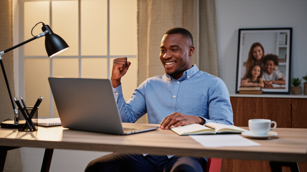 African entrepreneur celebrating small victory with laptop,