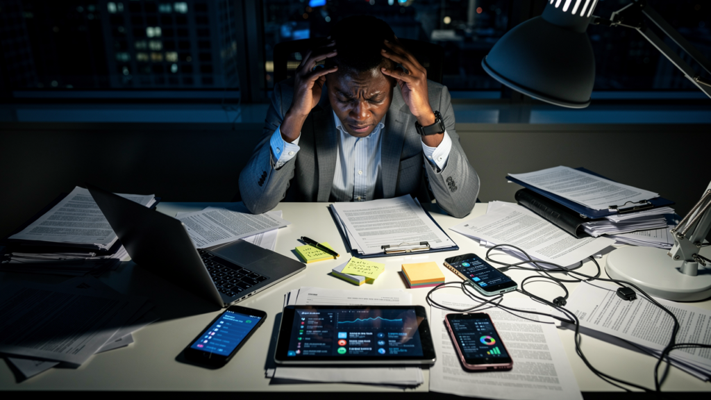 Overwhelmed entrepreneur trapped in hustle culture