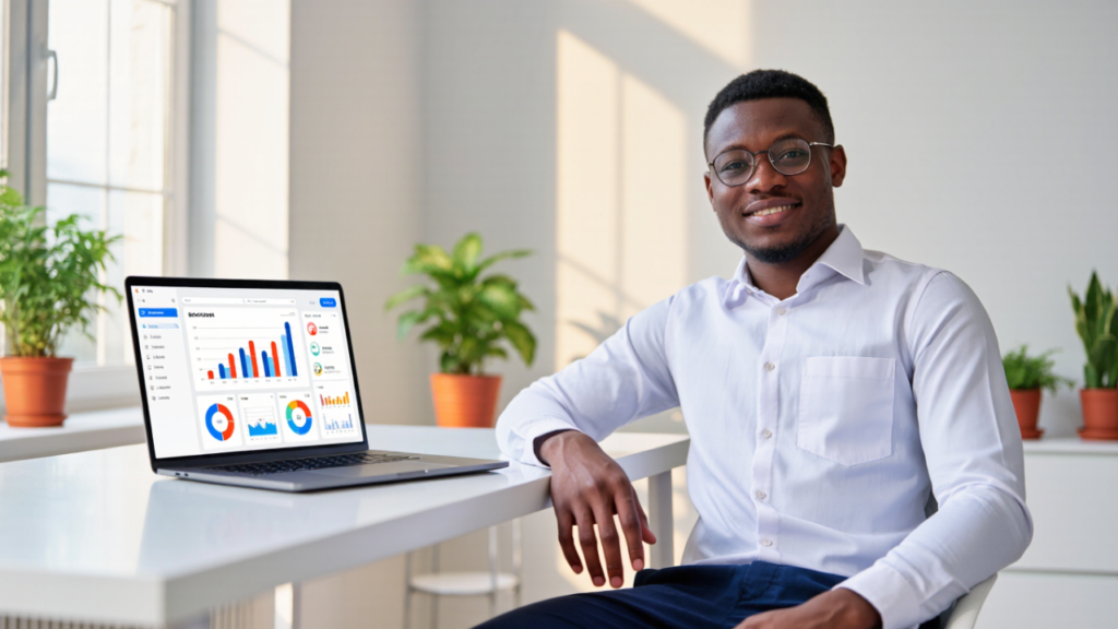 Calm entrepreneur working with systematic business dashboard