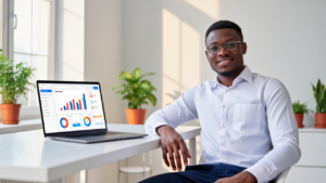 Calm entrepreneur working with systematic business dashboard